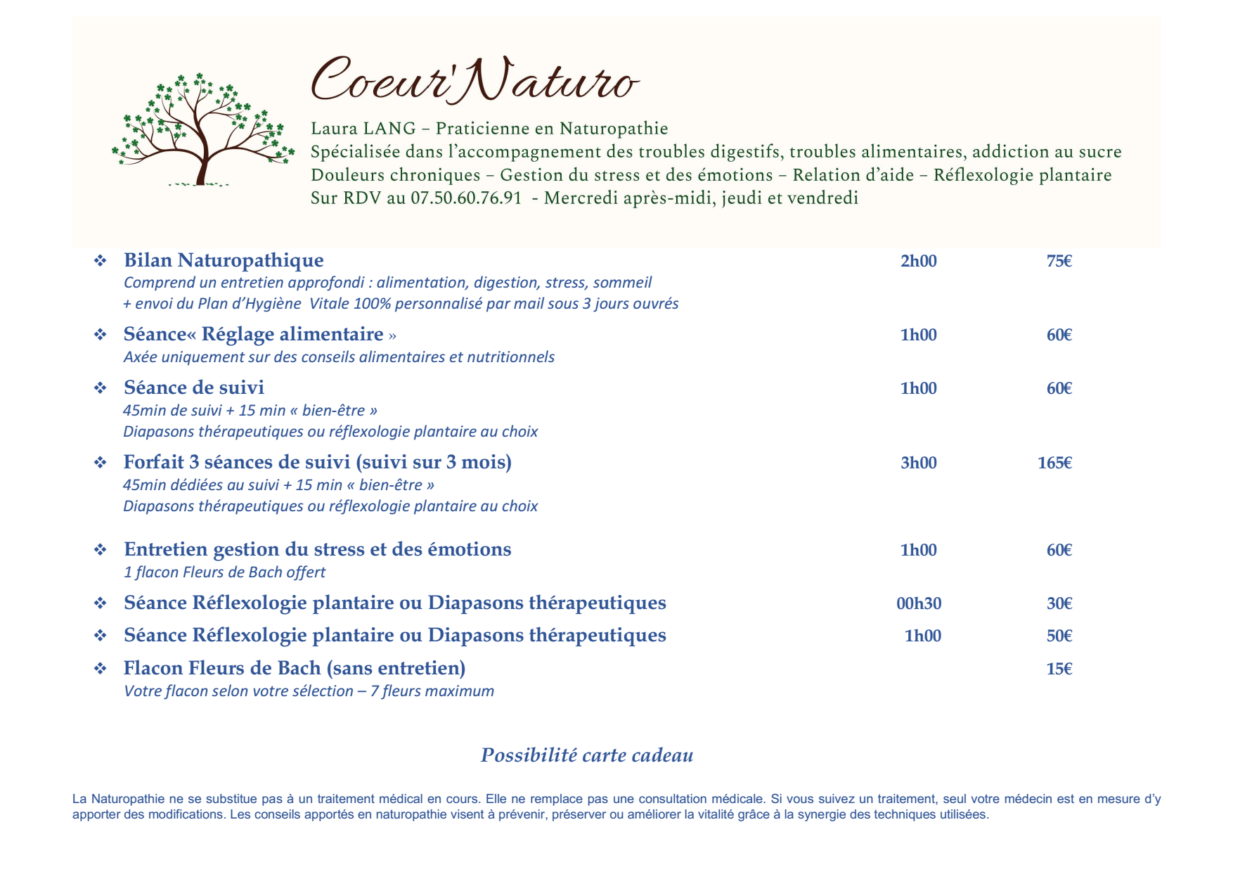 Naturopathie - Tarifs et prestations